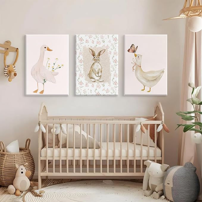 Vintage Nursery Wall Art Goose Canvas Poster Coquette Wall Decor Baby Girl Painting Kids Poster Bunny Rabbit Prints Cute Animal Pictures Duck Artwork for Bedroom Living Room 12x16x3 Inch Ready to Hang