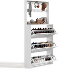 HOPUBUY Tall Shoe Cabinet with 3 Flip Drawers, Farmhouse Hidden Shoe Storage Cabinet with Rack, Slim Narrow Freestanding Shoe Storage Organizer for Entryway, Hallway & Living Room, White