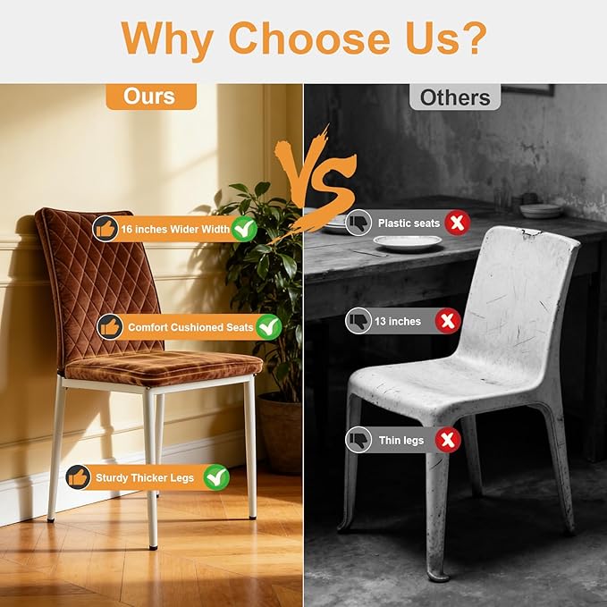 Dining Chairs Set of 2, Velvet Comfortable Seats, Mid-Century Modern Living Room Chairs, Upholstered Kitchen Chairs with Mental Legs and Padded Seat, Easy Assembly, Brown