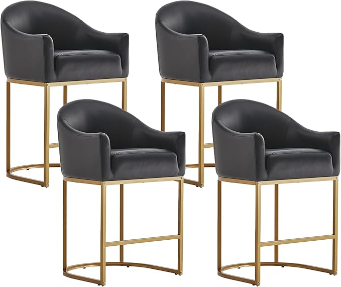 Counter Height Bar Stools Set of 4,Modern Counter Height Bar Stools,PU Leather Upholstered Barrel Barstools with Backs,26'' Kitchen Island Chairs,Metal Gold Frames,Ink Black Leather