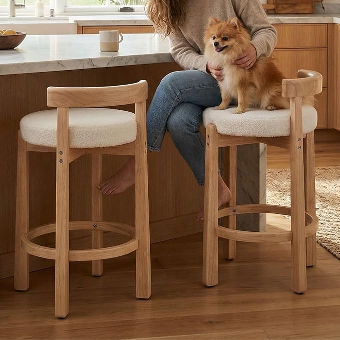 LukeAlon Sherpa Counter Stools Set of 2, Mid Century Upholstered 26.5" Seat Height Low Barstools with Natural Wood Legs Round Low Back Kitchen Stools with Footrest for Dining Room, White
