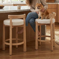 LukeAlon Sherpa Counter Stools Set of 2, Mid Century Upholstered 26.5" Seat Height Low Barstools with Natural Wood Legs Round Low Back Kitchen Stools with Footrest for Dining Room, White