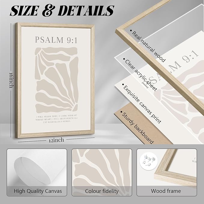Scripture Christian Wall Art Set of 3 Beige Bible Verses Wall Decor Neutral Psalm Canvas Wall Art Modern Pictures Flower Prints Christian Artwork for Living Room Bedroom 12x16 Inch Framed