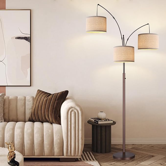Dimmable Floor Lamp, 3 Lights Brown Arc Floor Lamps for Living Room, Modern Tall Standing Tree Lamp with Beige Linen Shade & Heavy Base, Large Floor Lamp for Bedroom Office, 3x1000 LM Bulbs Included