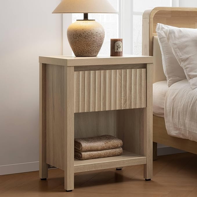 SICOTAS Night Stand Fluted Nightstand with Drawer, Farmhouse Bedside Table with Storage Shelf, Boho Large End Table Bed Side Tables for Bedroom, Light Oak