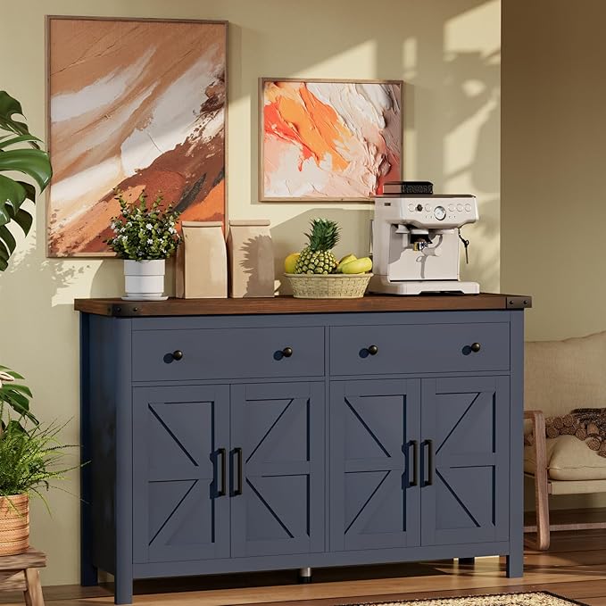 VVFLU 55'' Buffet Cabinet with Storage, Farmhouse Kitchen Storage Cabinet with 4 Doors and 2 Drawers, Coffee Bar Buffet Sideboard for Kitchen, Dining Room, Living Room, Blue Wood