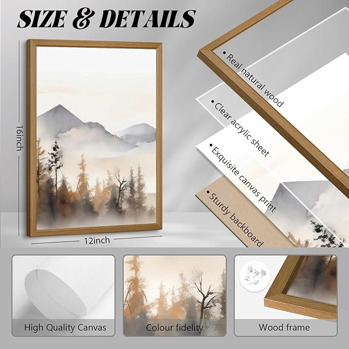 Neutral Mountain Wall Art Decor Set of 3 Forest Canvas Wall Art Poster Landscape Wall Art Artwork Modern Pictures Abstract Painting Watercolor Prints for Living Room Bedroom 12x16 Inch Framed