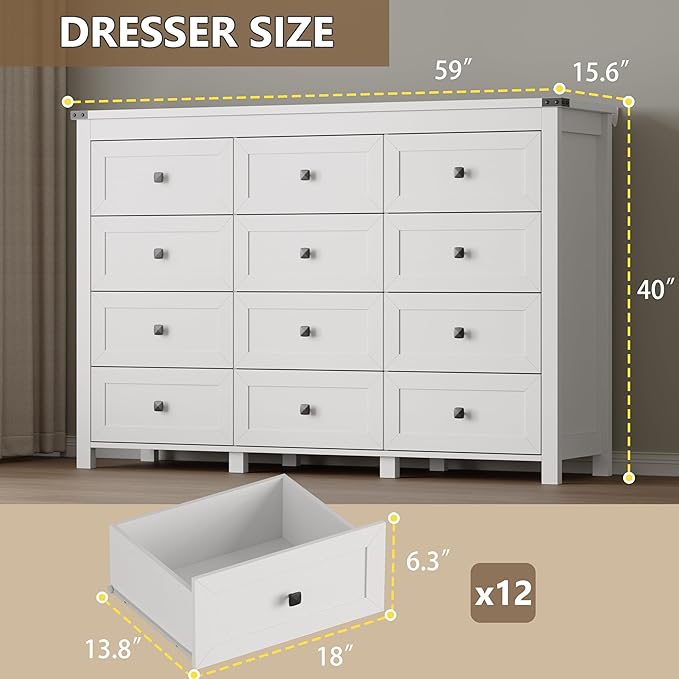 BORNOON 12-Drawer Dresser, Modern Wooden Storage Chest of Drawers, Dresser TV Stand, Wood Drawer Organizer with Metal Handles for Bedroom, Living Room, Hallway