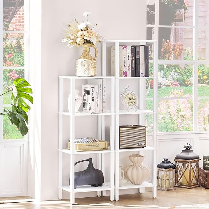 YUFAM 4 Tier Tall Wooden Bookshelf with Storage - Small White Bookcase for Small Spaces, Shelf for Living Room, Office, Bedroom, Kitchen - Industrial Modern Book Shelf