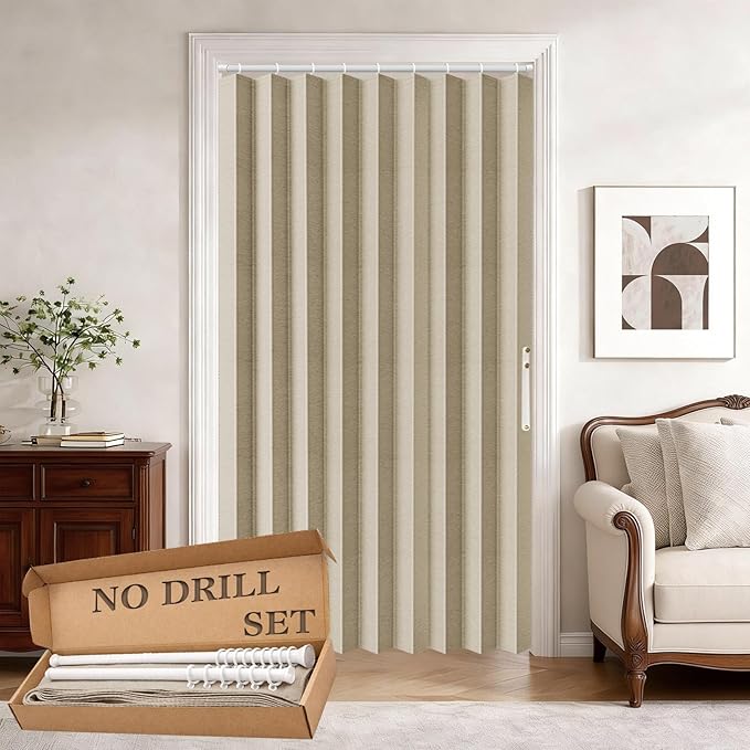Jilron Accordion Door Curtain Set - 100% Blackout, with Curtain Rod Included, for Bedroom Privacy Protection (Beige-43 W x 78" L+Rod)