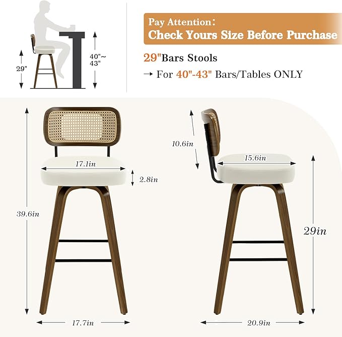Bekrvio Swivel Bar Stools Set of 4, Upholstered Faux Leather Barstools with Rattan Back, 29" Seat Height Bar Chairs for Kitchen Island, Bentwood Wood Frame, Cream White