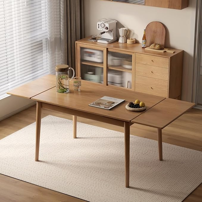 49.21’’-76.77’’ Extendable Dining Table and Chairs Set for 4, 100% Solid Wood Oak Dining Sets, Mid Century Modern Kitchen Table and Chairs Set for Living Room, Apartment (Table+4 Chairs)