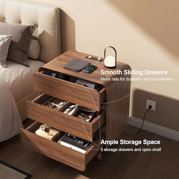 Nasonet 27.7'' Tall Night Stands Set 2 with Chaing Station, Mid-Century Modern Large Bedside Table with Outlets, Wide Wood End Table for Bedroom, Walnut