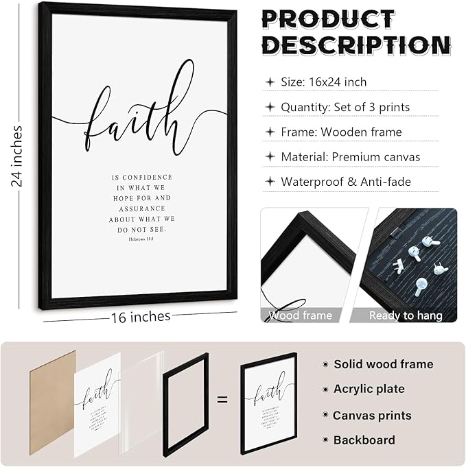 Bible Verses Wall Decor 3 Pieces Scripture Quotes Canvas Wall Art Faith Hope Love Scripture Posters Prints Christian Artwork Pictures for Living Room Bedroom Decoration 16x24 Inch Black Framed