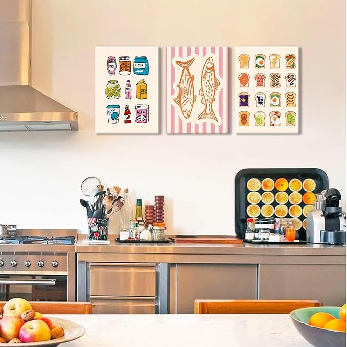 Cute Funny Kitchen Wall Art Set of 3, Fashion Breakfast Food Avocado Toast Canvas Prints Poster, Vintage Simple Sardines Watercolor Picture for Dining Room Kids Room Wall Decor 12x16 Inch Framed