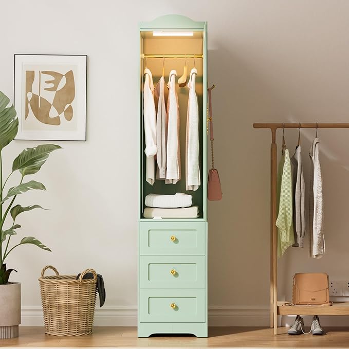 Armoire Wardrobe Closet, 69.5" H Wood Bedroom Armoires Cabinet with Mirror Door and 3 Drawers, Green Clothing Storage Cabinet with Hanging Rod & Sensor Light for Bedroom-Right