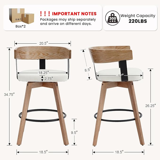 DUOMAY Swivel Bar Stools Set of 3, 26" Counter Height Bar Stool with Footrest Modern Wood Barstools with Linen Upholstered Seat Counter Stools for Kitchen Island Home Bar, White