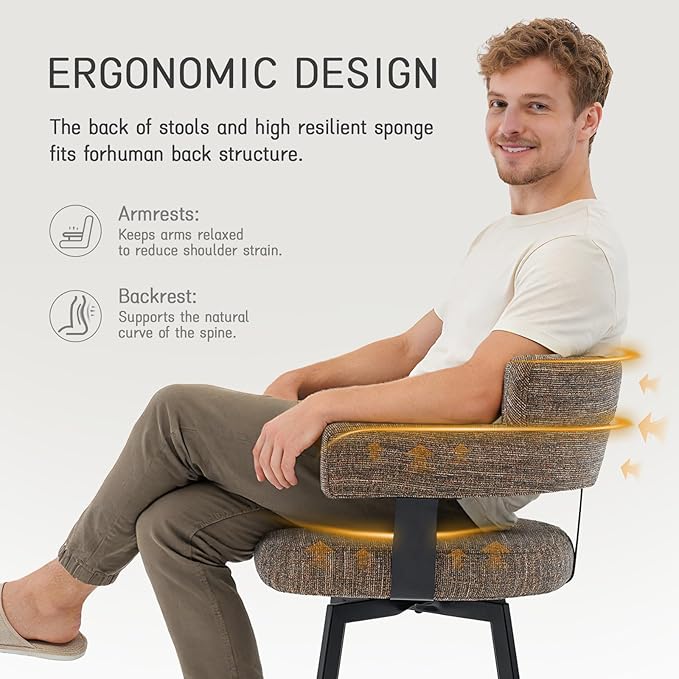 30 Inch Bar Stools Set of 2 with Full Back, Swivel Bar Chairs with Linen Padded Back, Metal Footrest, Modern Bar Height Stools for Kitchen Island, Dining, Living Room, Brown