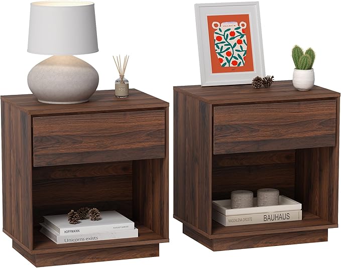 EYYTHUNG Farmhouse End Side Table Set of 2, 21.6" Wood Nightstand with Storage and Open Shelf, Farmhouse Boho Bedside Table Accent Night Stand for Bedroom, Brown