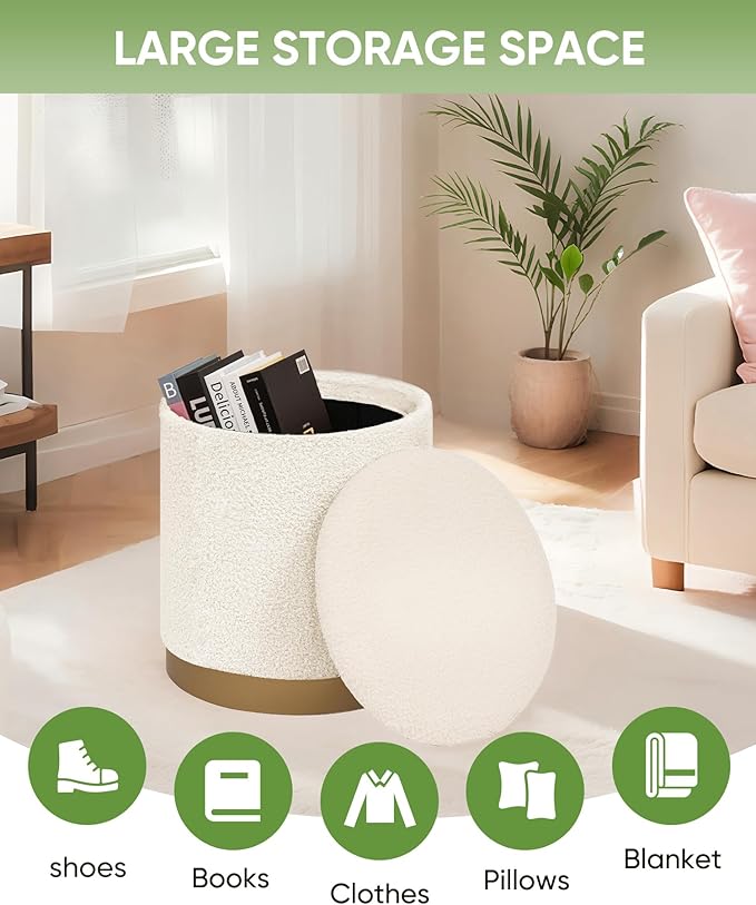 B FSOBEIIALEO Ottoman with Stroage, Round Boucle Storage Ottoman with Gold Plating Base,Foot Rest Stool for Dorm Room, Living Room White, 14.76"x14.76"x16.34"