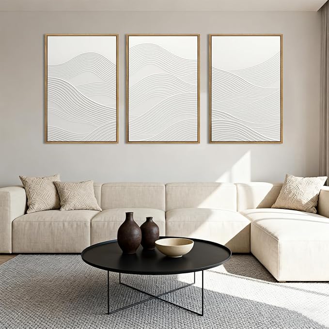Anyzal Large Framed Neutral White Textured Wall Art 16x24 Inch Abstract Modern Canvas Wall Decor Minimalist Ocean Waves Artwork for Living Room Bedroom Office Set of 3