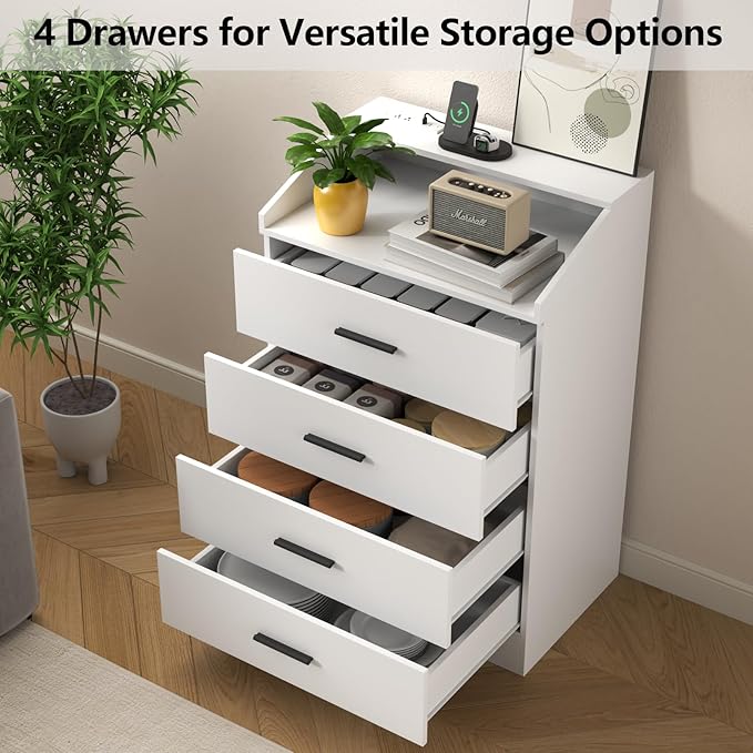 Gyfimoie 4 Drawers Dresser with Power Outlet, Chest of Drawers with LED Light, White Dresser Organizer with Open Storage Cubby, Modern Nightshatnd for Bedroom, Living Room, Entryway, Hallway