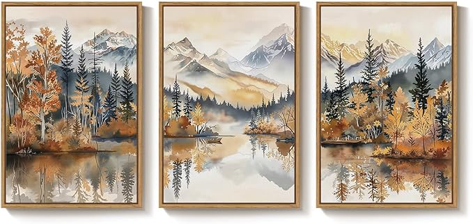 Framed Mountain Forest Landscape 3 Piece Wall Art for Living Room, Orange Neutral Modern Scenic Print Canvas Artwork for Walls, Large Nordic Rustic Nature Autumn Bedroom Office Wall Decor, 24x36 Inch