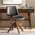HULALA HOME Faux Leather Home Office Chair with Solid Wood Legs, 360° Swivel Desk Chair No Wheels with Bentwood Design, Mid-Century Modern Wide Seat Computer Task Chair, Black