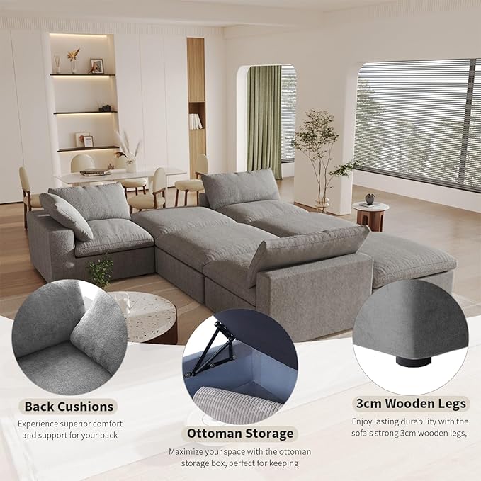 Cloud Modular Sectional Sofa with Storage Ottoman,120.45" L Shaped Couch for Living Room,Down Filled Convertible Couch Deep Seat for Office Apartment,Covers Washable&Replaceable (Gray)