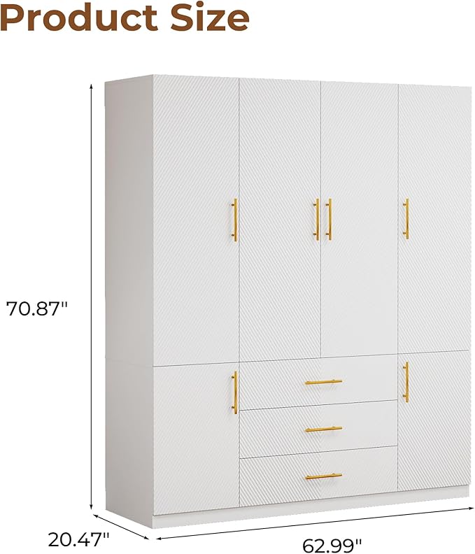 White Wardrobe Closet with Doors, 3 Drawers, Hanging Rods, Metal Handles, Large Capacity, Modern Minimalist Design, Textured Finish，Ideal for Bedroom 63.0" W x 20.47" D x 74.21" H (26)