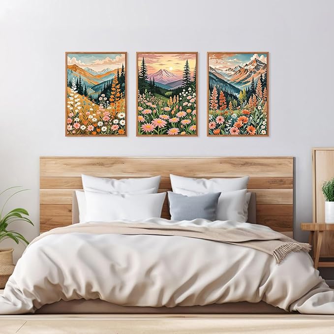 HPINUB Mountain Sunset Floral Framed Canvas Wall Art Set,(Set of 3,12X16 Inch) Colorful Wildflower Daisy Flower Wall Decor,Blossom Botanical Artwork Modern Nature Landscape Art Print for Living Room