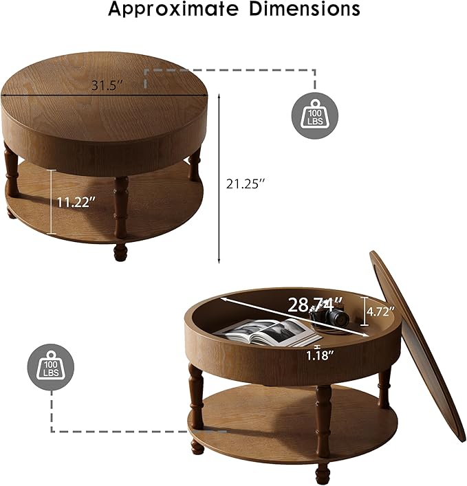 31.5" Round Coffee Table with Storage, 2 Tier Modern Center Table, Adjustable Leveling Feet, Easy Assembly, Wood Coffee Table for Living Room, Apartment, Small Space. (Walnut)