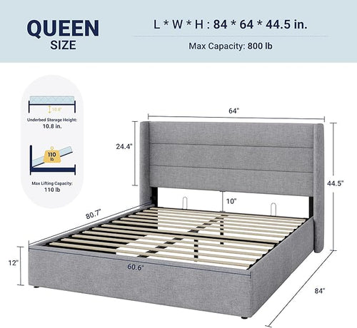 Allewie Queen Size Lift Up Storage Bed, Modern Wingback Headboard, Hydraulic Support, No Box Spring Needed, Light Grey