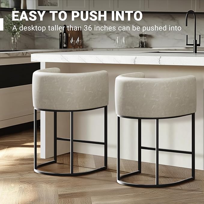 26" H Counter Height Bar Stools Set of 4, Modern Barrel Counter Stools with Backrest and Arms, Faux Leather Upholstered Accent Barstools for Kitchen Island,Support 450 LBS (Grayish White)