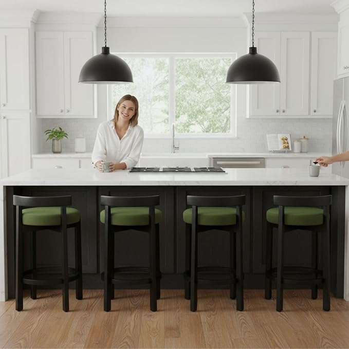 LukeAlon Mid Century Velvet Counter Stools Set of 4, Upholstered 26.5” Seat Height Low Barstools with Black Wood Legs Retro Modern Kitchen Stools with Footrest for Dining Room Bar Coffee Shop, Green