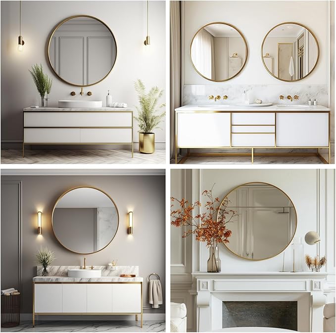 Sunniry Gold Round Mirror, 24 inch Circle Mirror, Gold Metal Frame Bathroom Mirrors, Round Wall Mounted Mirrors for Bathroom, Hallway, Living Room, Bedroom.