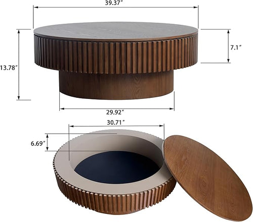 39.37" Round Coffee Table with Storage for Living Room Wood Coffee Table Contemporary Circle Center Table for Apartment, Easy Assembly, Walnut
