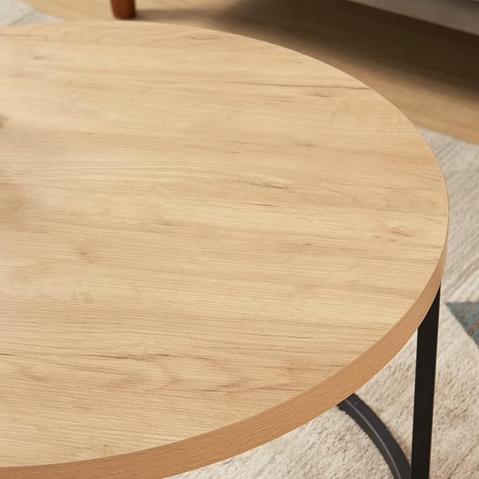 CENSI 31.5" Round Coffee Table, Modern Industrial Natural Oak Wood Center Table for Living Room, Sturdy Metal Legs, Thick 1.4" Scratch-Resistant Surface, Mid Century Farmhouse Circle Table