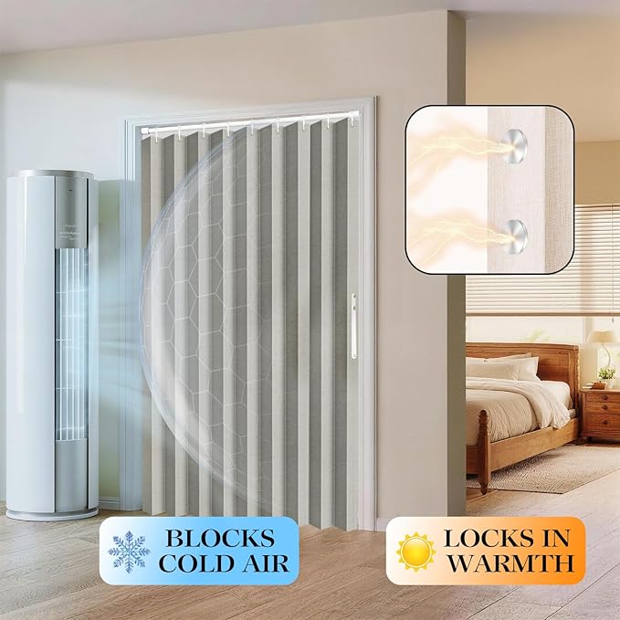 Jilron 100% Blackout Fabric Folding Door Curtain with Magnetic Closure - Accordion Style for Sliding Doors, Closets,Wardrobe and Temporary Door Solutions Doorway Curtains（W42 x L78, Grey 1 Panel）