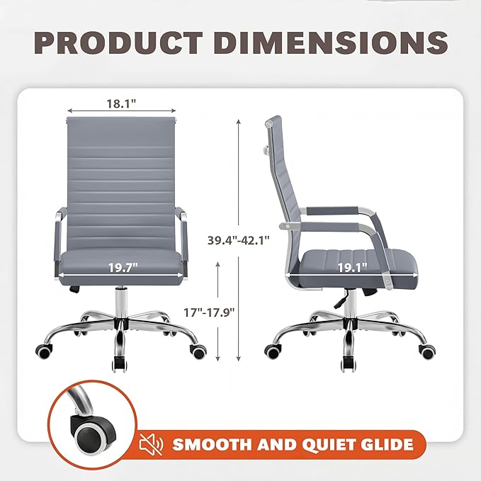 Furmax Ergonomic Office Desk Chair, Executive Ribbed Mid-Back PU Leather Conference Room Chair Adjustable Swivel Chair with Arms (1, Grey)