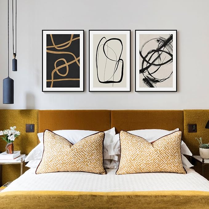 SAFERRYHOME Abstract Graffiti Black and White Wall Art Black and Gold Framed Canvas Print Set, Mid-Century Modern Geometric Sketches Lines for Living Room, Bedroom, Office - 3 Panels 16x24 Inch
