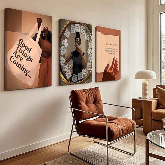 3pcs Black Girl Wall Art African American Wall Decor Painting Fashion Abstract Black Woman Poster Canvas Prints Pictures for Living Room Bedroom 16x24 inch Framed