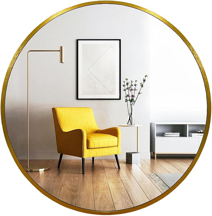 Oruii Gold Round Mirror, Gold Round Mirror 24 inch, Circle Wall Mirrors Metal Frame, Golden Circular Mirrors for Wall, Living Room, Bathroom, Entryway, Vanity, Hallway (Brass)