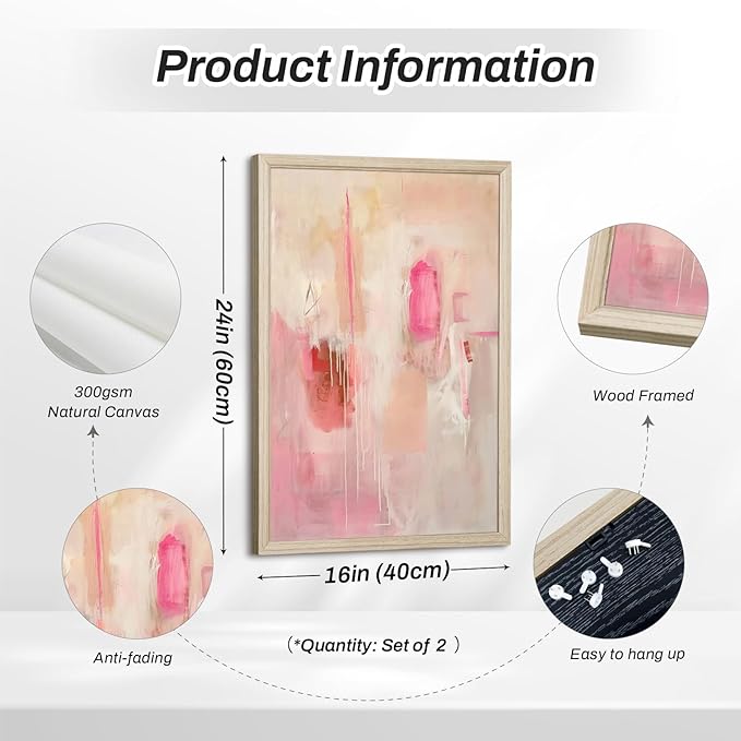 Abstract Wall Art Neutral Modern Canvas Painting Decor Pink Beige Minimalist Wall Art Contemporary Abstract Poster Artwork for Living Room Bedroom 16x24 Inch Wood Framed Set of 2