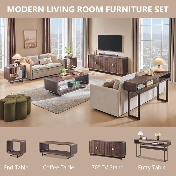 IFGET Modern Buffet Cabinet with Storage, 70" Large Sideboard Buffet Storage Cabinet with 4 Doors and Adjustable Shleves, Wooden Curved Coffee Bar for Dining Room, Kitchen, Living Room, Brown