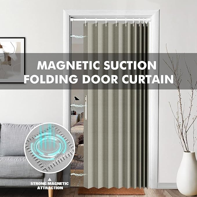 Jilron 100% Blackout Fabric Folding Door Curtain with Magnetic Closure - Accordion Style for Sliding Doors, Closets,Wardrobe and Temporary Door Solutions Doorway Curtains（W42 x L78, Grey 1 Panel）
