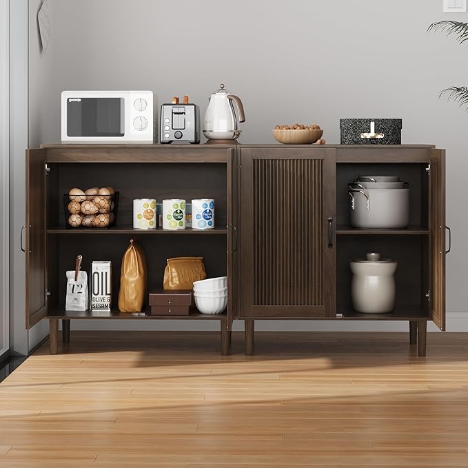 Kiasthome Buffet Cabinet with Wavy Fluted Doors, Sideboard Storage Cabinet with Adjustable Shelves, Modern Wooden Accent Cabinet for Dining Room & Living Space