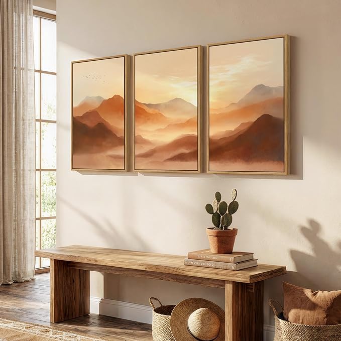 Framed Orange Abstract Mountain Wall Art for Living Room, 3 Piece Large Landscape Sunset Scenic Canvas Artwork for Walls, Modern Terracotta Paintings Prints for Bedroom Office Wall Decor, 24x36 Inch