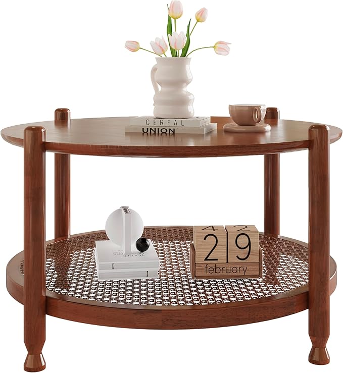 NSdirect 32" Round Coffee Table for Living Room, 2-Tier Rustic Wood Center Table for Home Decor with Boho Woven Rattan Storage Shelf | Modern Farmhouse Design, Easy Assembly, Red Brown