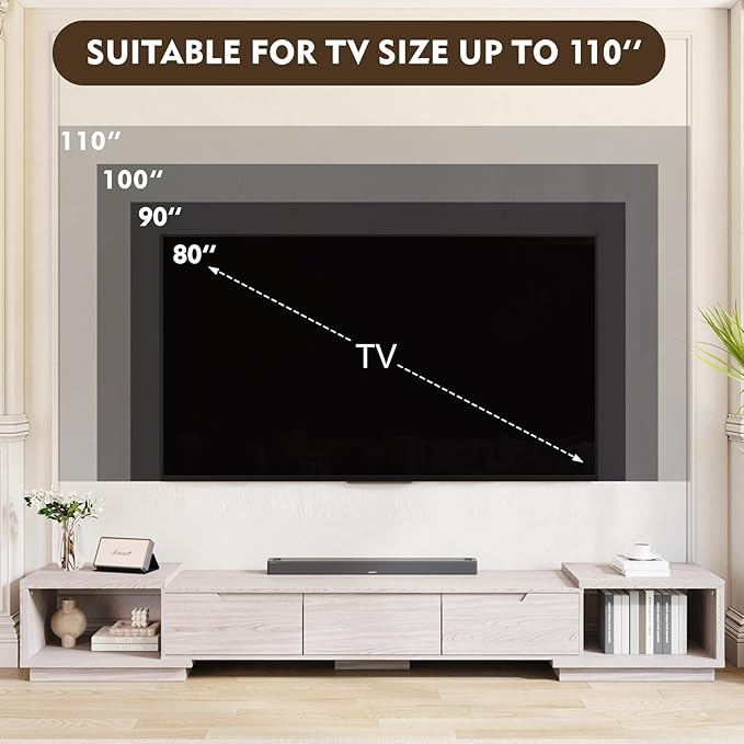 MEISSALIVVE Extendable TV Stand for Up to 120 Inch TV, Modern Entertainment Center with 3 Drawers & 2 Storage Compartments, Adjustable Length (65"-103"), TV Consoles for Living Room & Bedroom (White)